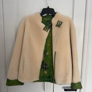 Chinese style Cream Faux Fur coat with Green Floral Lining